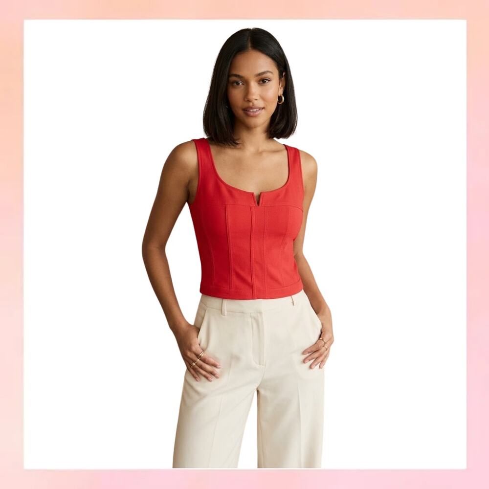 Vintage Cache Red Corset Style Crop Top - Notched Square Neck - Size 10